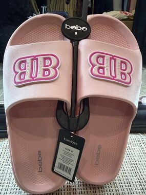 bebe Pink Slide Sandals with Raised BB Logo